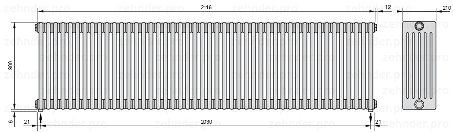 Схема (чертеж) Радиатор Zehnder Charleston 6090/46 №3570 Белый глянцевый RAL 9016